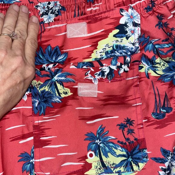 St Johns Bay Mens Hawaiian Print Swim Trunks 3XL Pink Tropical Polyester - Picture 9 of 14